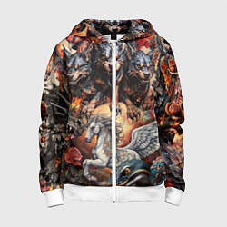 Толстовка на молнии детская Мифические существа в стиле татуировки Ирезуми, цвет: 3D-белый
