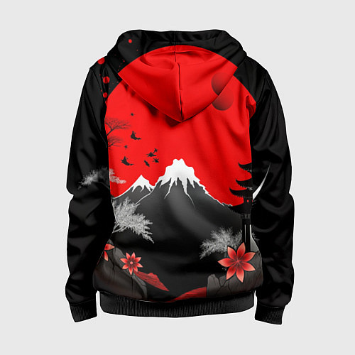 Детская толстовка на молнии Японская гора и красная луна / 3D-Черный – фото 2