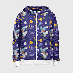 Толстовка на молнии детская Зяблик и крокусы, цвет: 3D-белый