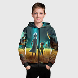 Толстовка на молнии детская Морти и Рик на планете носорогов - неоновое свечен, цвет: 3D-черный — фото 2