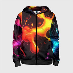Толстовка на молнии детская Радужные кляксы на черном фоне, цвет: 3D-черный