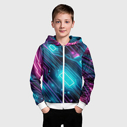 Толстовка на молнии детская Неоновый узор киберпанк микросхемы, цвет: 3D-белый — фото 2