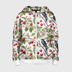 Толстовка на молнии детская Ласточка в вишневом саду, цвет: 3D-белый