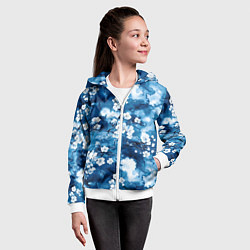 Толстовка на молнии детская Цветы белой сакуры - паттерн на синем фоне, цвет: 3D-белый — фото 2