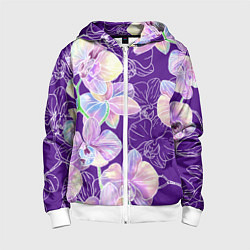 Толстовка на молнии детская Японские акварельные орхидеи, цвет: 3D-белый