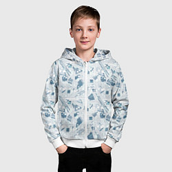 Толстовка на молнии детская Мемфис синий с серым клетчатый геометрический узор, цвет: 3D-белый — фото 2
