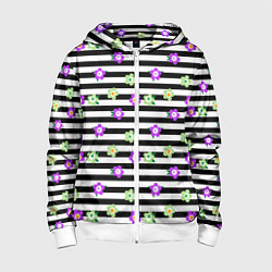 Детская толстовка на молнии Фиолетовые зеленый цветы на черно белом полосатом