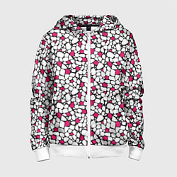 Толстовка на молнии детская Мелкий красно белый мозаичный узор на черном, цвет: 3D-белый