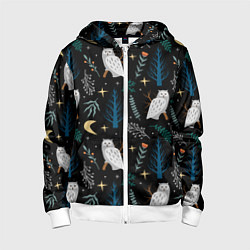 Толстовка на молнии детская Сова в зимнем лесу, цвет: 3D-белый