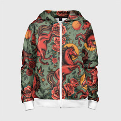 Толстовка на молнии детская Красный конь и розы, цвет: 3D-белый