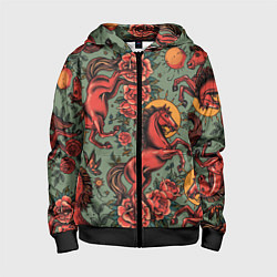 Толстовка на молнии детская Красный конь и розы, цвет: 3D-черный