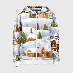 Толстовка на молнии детская Новогодние домики и елочки, цвет: 3D-белый