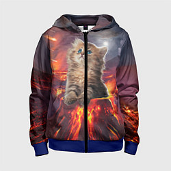 Толстовка на молнии детская Кот на вулкане, цвет: 3D-синий