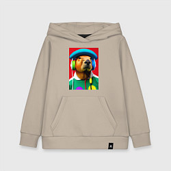 Толстовка детская хлопковая Капибара в наушниках и шляпе - нейросеть, цвет: миндальный
