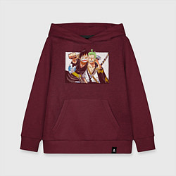 Толстовка детская хлопковая Луффи и Ророноа Зоро - Ван пис, цвет: меланж-бордовый