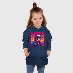 Толстовка детская хлопковая Скелет с неоновыми волосами в очках и наушниках, цвет: тёмно-синий — фото 2