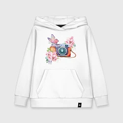 Толстовка детская хлопковая Фотоаппарат в цветах и бабочки, цвет: белый