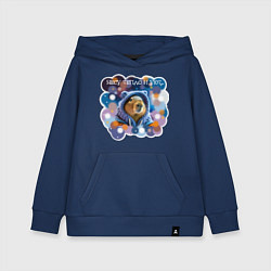 Толстовка детская хлопковая Мем капибара в капюшоне: несу тепло и уют, цвет: тёмно-синий
