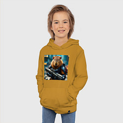 Толстовка детская хлопковая Мем вооруженная капибара и автомат, цвет: горчичный — фото 2