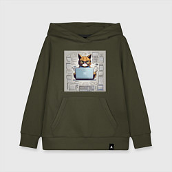 Толстовка детская хлопковая Кот программист за ноутбуком, цвет: хаки