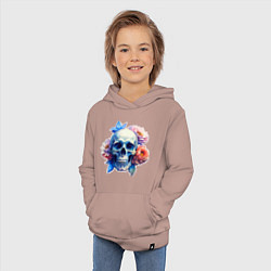 Толстовка детская хлопковая Акварельный череп в цветах, цвет: пыльно-розовый — фото 2
