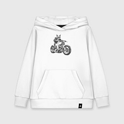 Толстовка детская хлопковая Сфинкс мотоциклист на чоппере кот байкер, цвет: белый