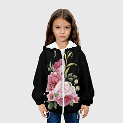 Куртка с капюшоном детская Пионы на чёрном, цвет: 3D-белый — фото 2