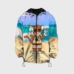 Куртка с капюшоном детская Тигр в отпуске на новый год на море, цвет: 3D-черный
