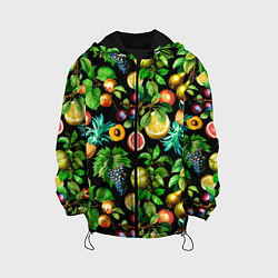 Куртка с капюшоном детская Сочные фрукты - персик, груша, слива, ананас, цвет: 3D-черный