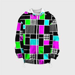 Куртка с капюшоном детская Неоновый геометрический узор на черном, цвет: 3D-белый