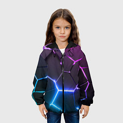 Куртка с капюшоном детская Фиолетовый градиент - неоновые геометрические плит, цвет: 3D-черный — фото 2