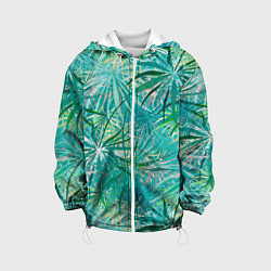 Куртка с капюшоном детская Тропические листья на зеленом фоне, цвет: 3D-белый
