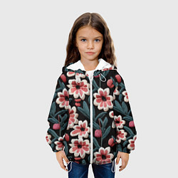 Куртка с капюшоном детская Эффект вышивки цветы, цвет: 3D-белый — фото 2