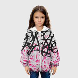 Куртка с капюшоном детская Черно-розовая каллиграфия, цвет: 3D-белый — фото 2