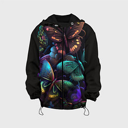 Куртка с капюшоном детская Разные неоновые бабочки, цвет: 3D-черный