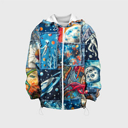 Куртка с капюшоном детская Космические обитатели на дениме, цвет: 3D-белый
