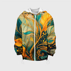 Куртка с капюшоном детская Золотые и бирюзовые листья абстракция, цвет: 3D-белый
