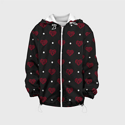Куртка с капюшоном детская Красные сердечки и белые точки на черном, цвет: 3D-белый