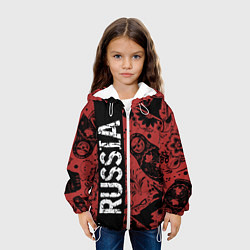 Куртка с капюшоном детская Россия на фоне матрёшек балалайки и славянских узо, цвет: 3D-белый — фото 2