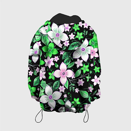 Детская куртка Зелёно-белые цветы на чёрном фоне / 3D-Черный – фото 2