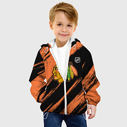 Куртка с капюшоном детская Чикаго Блэкхокс - фон с оранжевыми потертостами, цвет: 3D-белый — фото 2