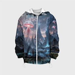 Куртка с капюшоном детская Фантастический мир с медузами и озеро у гор, цвет: 3D-белый