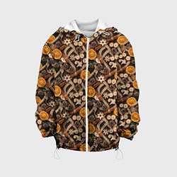 Куртка с капюшоном детская Новогодний орнамент с корицей и дольками апельсина, цвет: 3D-белый