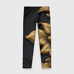 Леггинсы для девочки Золотые объемные листья на черном фоне, цвет: 3D-принт