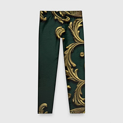 Леггинсы для девочки Лепнина золотые узоры на зеленой ткани, цвет: 3D-принт