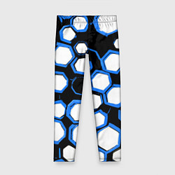 Леггинсы для девочки Бело-синие шестиугольники на чёрном фоне, цвет: 3D-принт