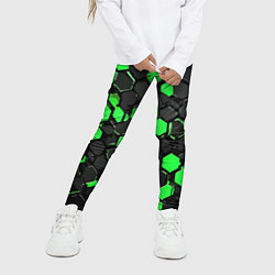 Леггинсы для девочки Зелёно-серые шестиугольники на чёрном фоне, цвет: 3D-принт — фото 2