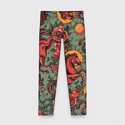 Детские легинсы Красный конь и розы