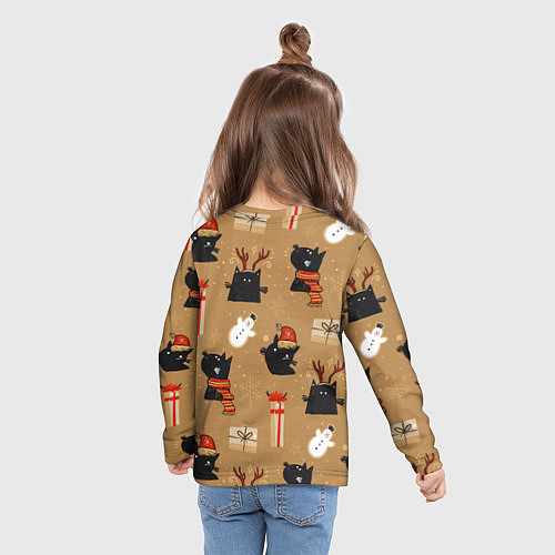 Детский лонгслив Черные новогодние коты / 3D-принт – фото 6