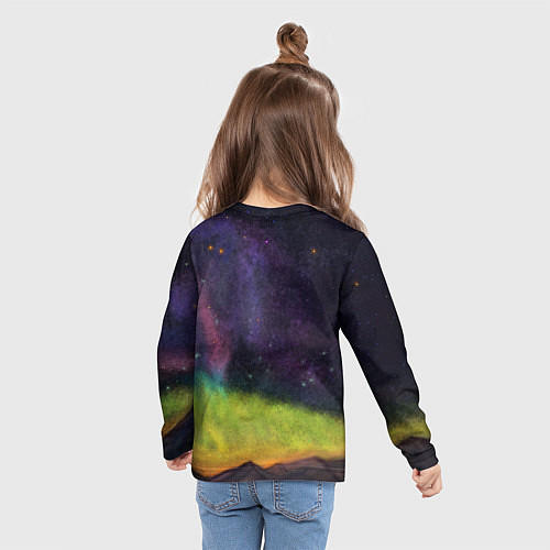 Детский лонгслив Горный пейзаж со звёздным небом и северным сиянием / 3D-принт – фото 6